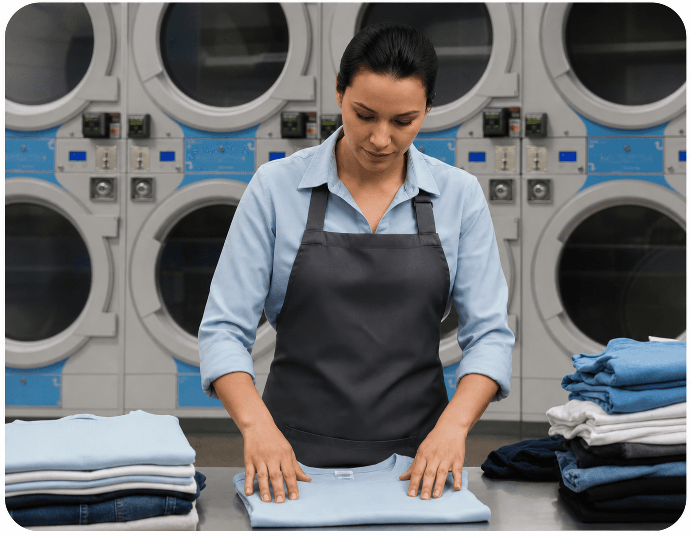 Attendant folding fresh laundry