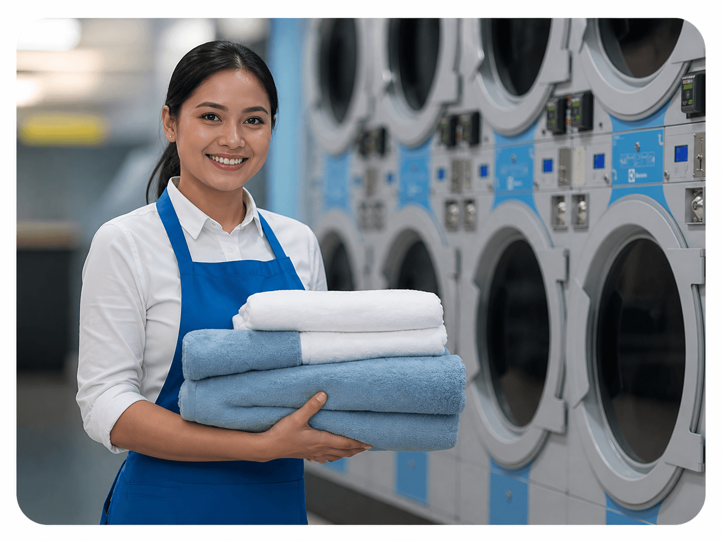 Attendant sorting clean laundry