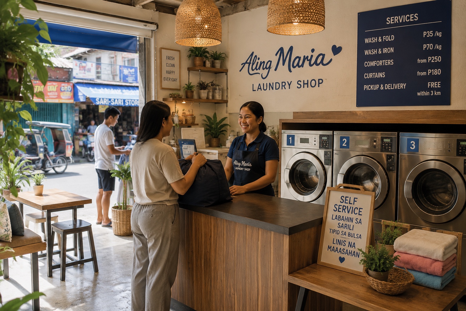 A customer dropping off laundry at Aling Maria Laundry Shop's counter