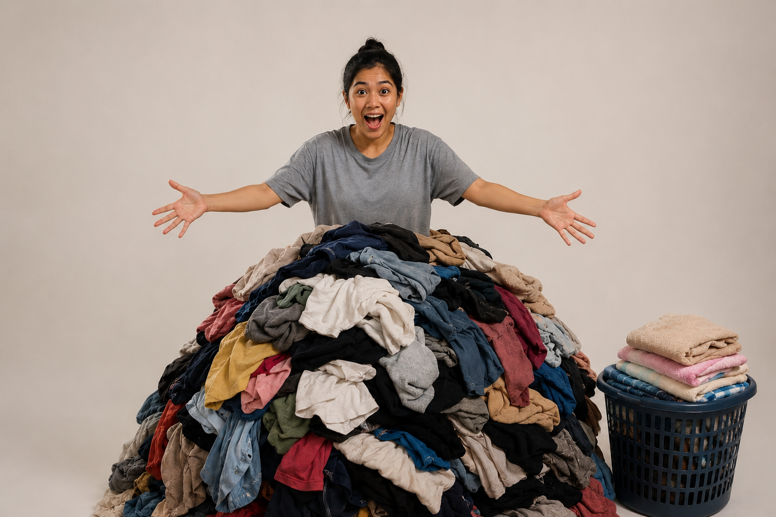 A woman overwhelmed by a towering pile of laundry at home